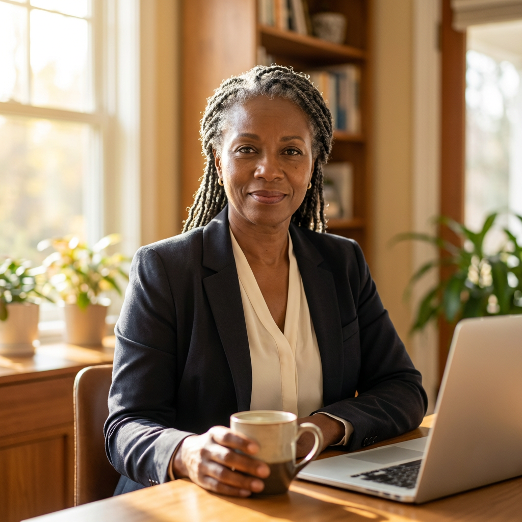 Middle-aged black female sitting at desk